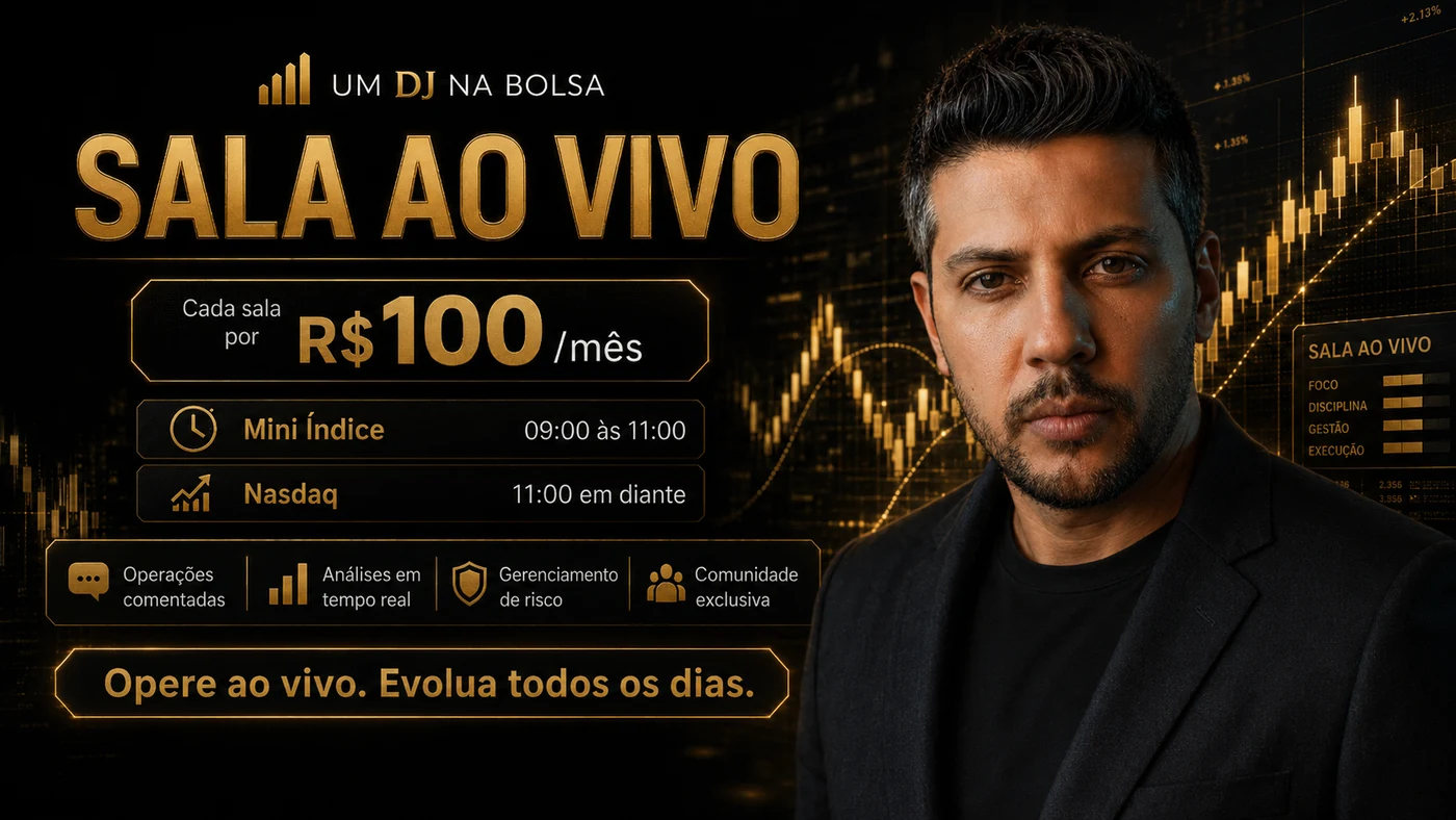 Sala ao vivo UM DJ NA BOLSA — Mini Índice e Nasdaq por R$ 100 ao mês cada
